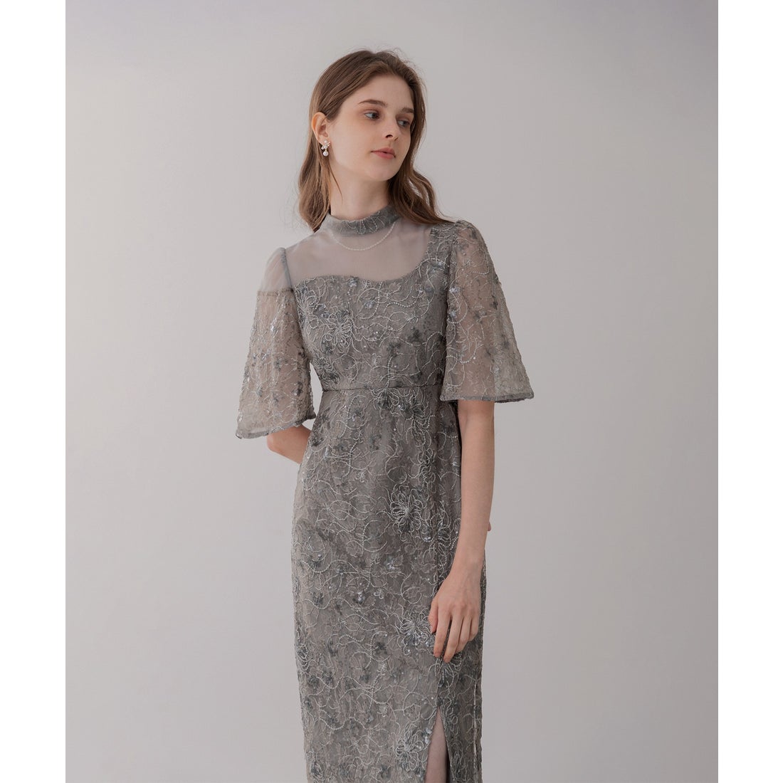 レジャ Leja 花柄刺繍スパンコールベロアスリットIラインドレス美脚