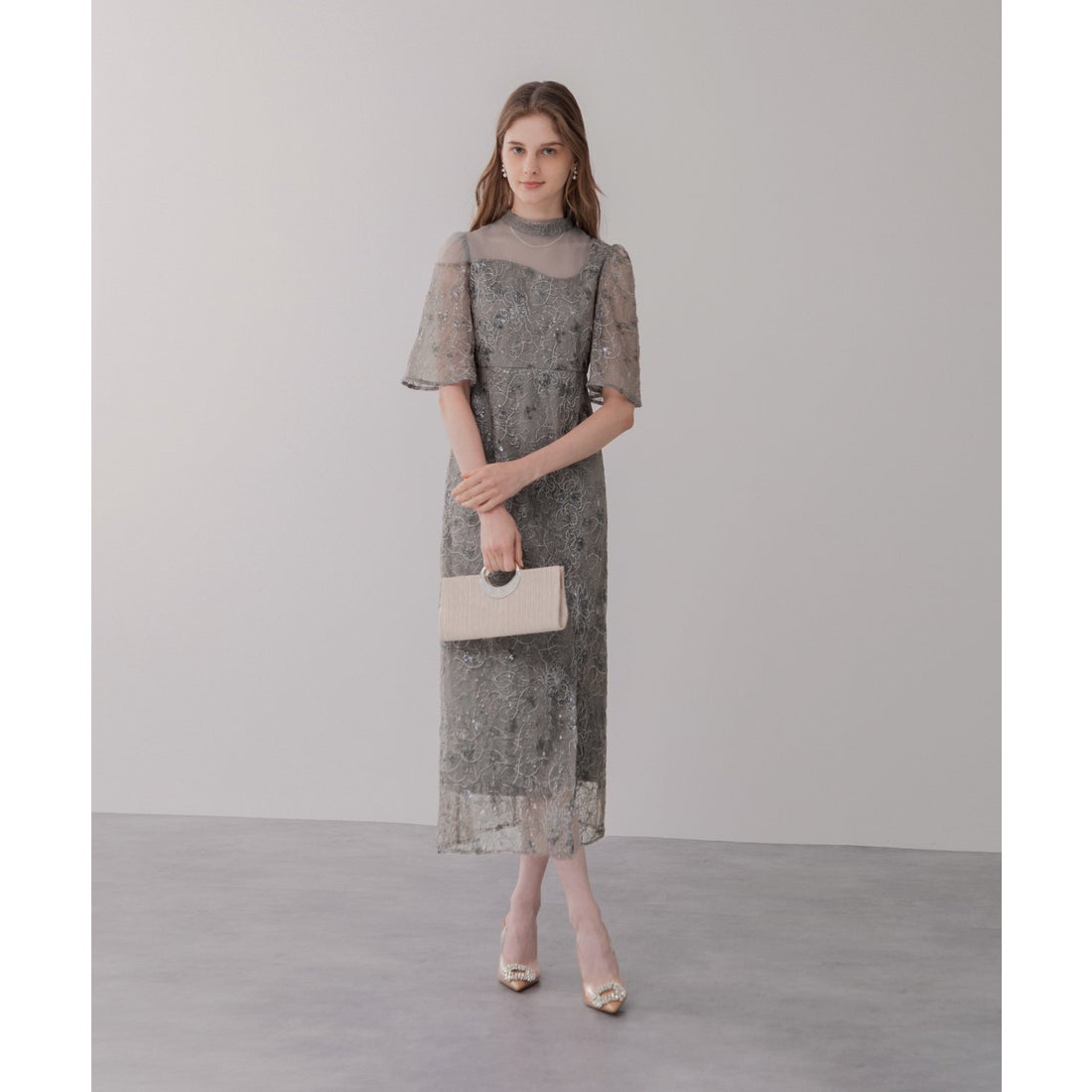 レジャ Leja 花柄刺繍スパンコールベロアスリットIラインドレス美脚