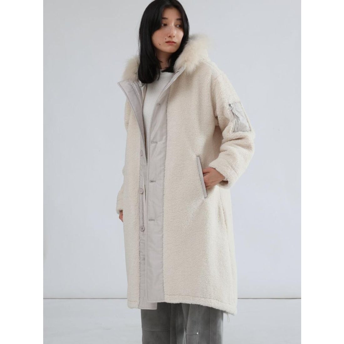 ラシュッド LASUD ファーフーデッドボアコート （アイボリー