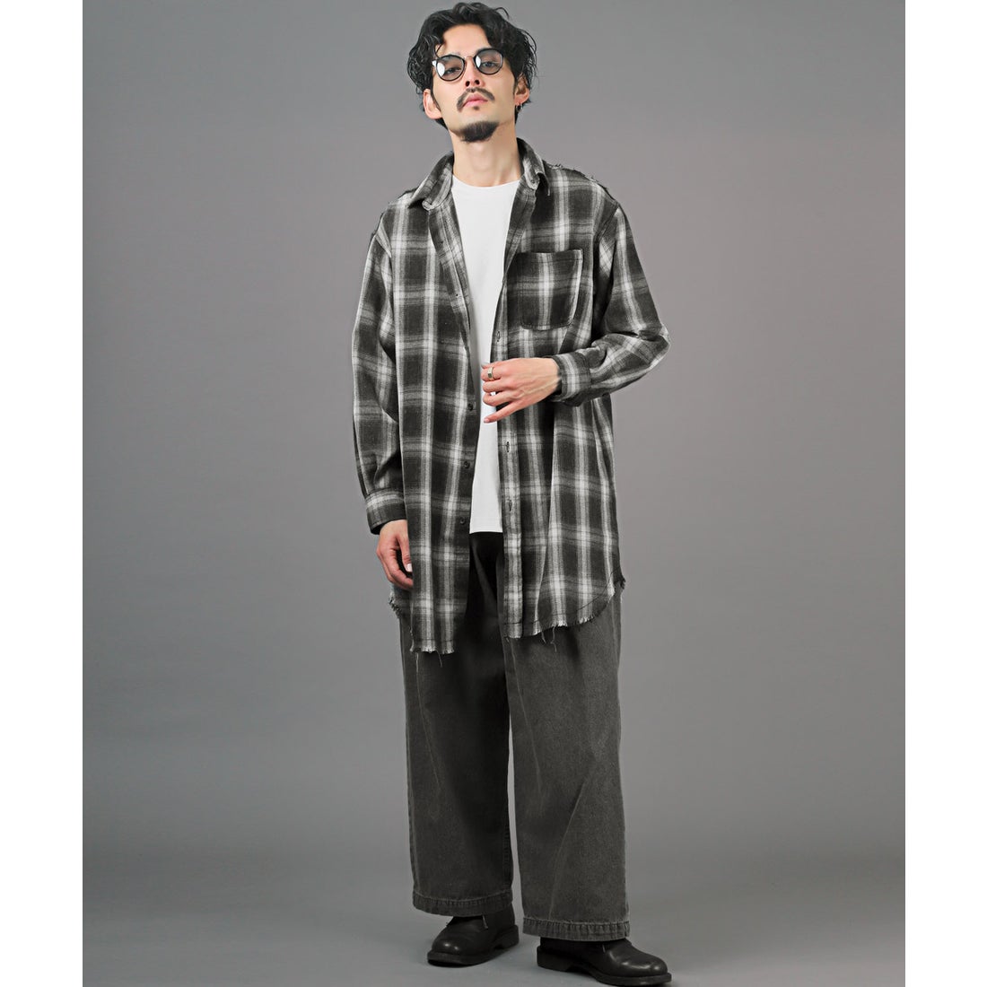 ラグスタイル LUXSTYLE ダメージ加工オンブレチェックシャツ/長袖