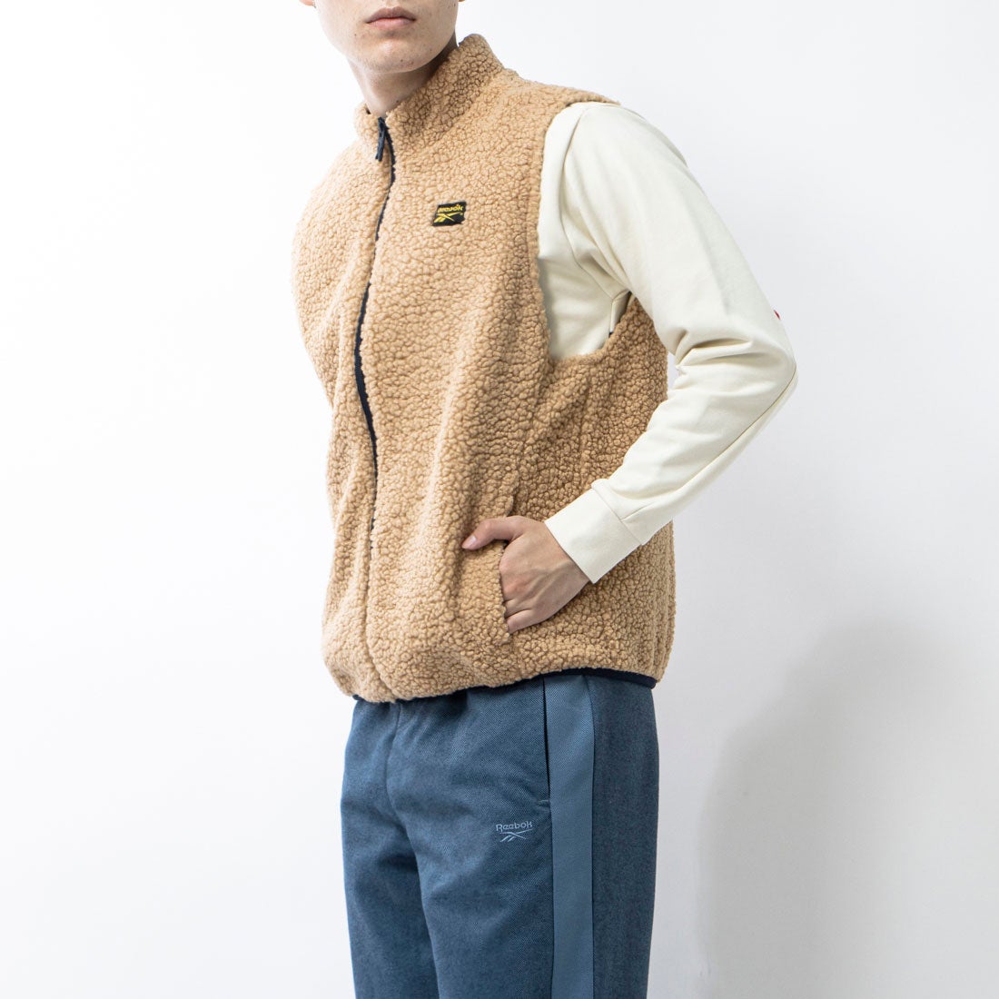 mid 90s club ナイロン×フリースベスト /M ベージュ ゴルロゴ刺繍