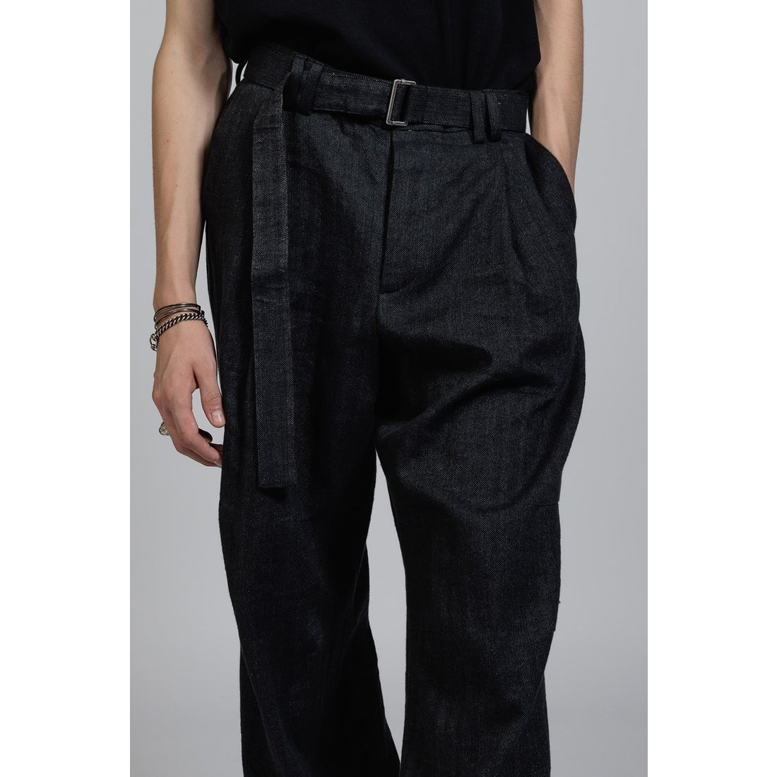 The Viridi-anne Linen Cotton Herringbone Wide Pants （A-Black