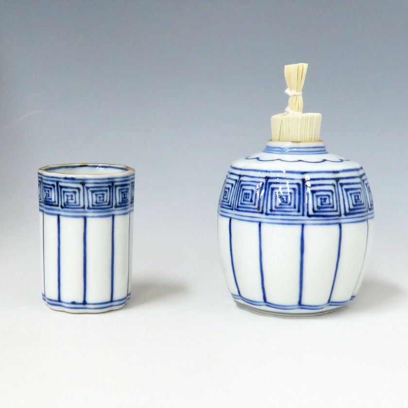 茶道具 染付 竹文 茶入 時代箱付 V 7289 茶道具 染付 竹文