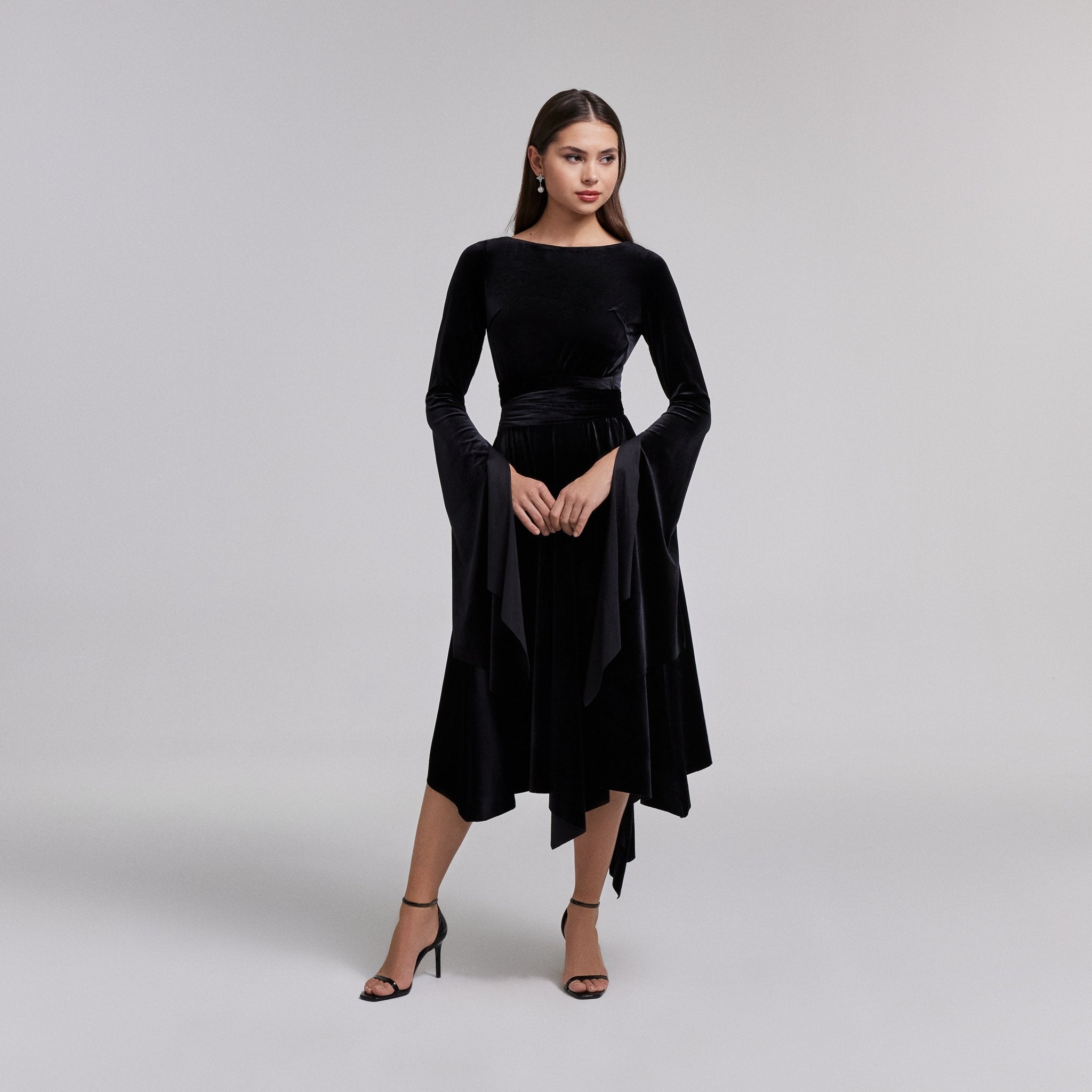 Black Cape Sleeve Twist-Waist Velvet Dress – shopaleena