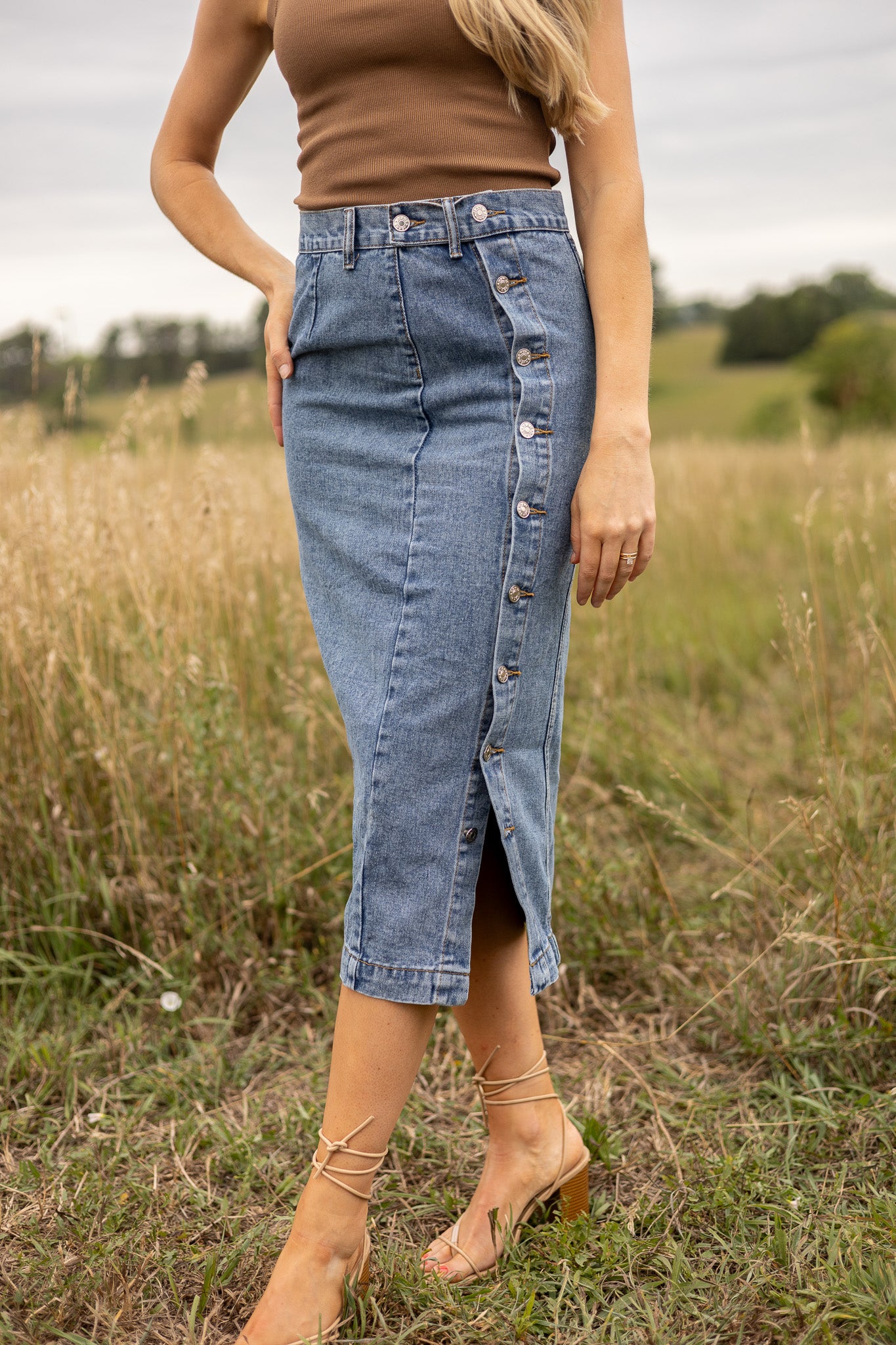 Taylor Denim Midi Skirt - Sophisticated Button Down | Ellx – ELLX