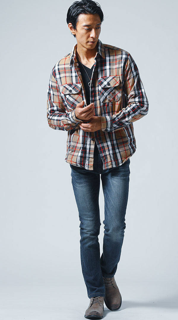 ベージュチェックシャツ 黒Tシャツ ネイビーデニムパンツ snp_kk0362の