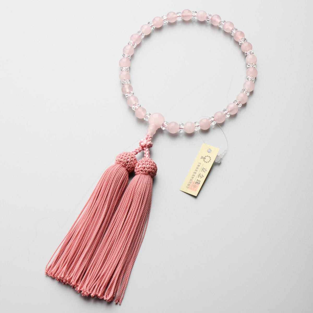 数珠 女性用 紅水晶7mm 水晶平切子コンビ 上仕立 正絹房 (珊瑚色