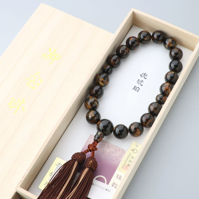 数珠 男性用 虎琥珀18玉 共仕立 正絹蛍房(ブラウンに薄茶) — 仏壇