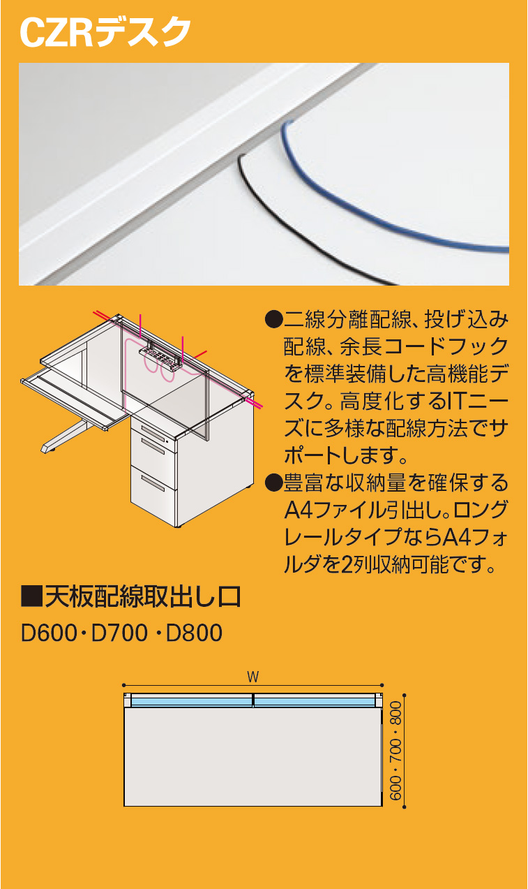 CZRシリーズ 脇机 奥行70cm用 CZR-047LCC-9W9｜オフィスデスク
