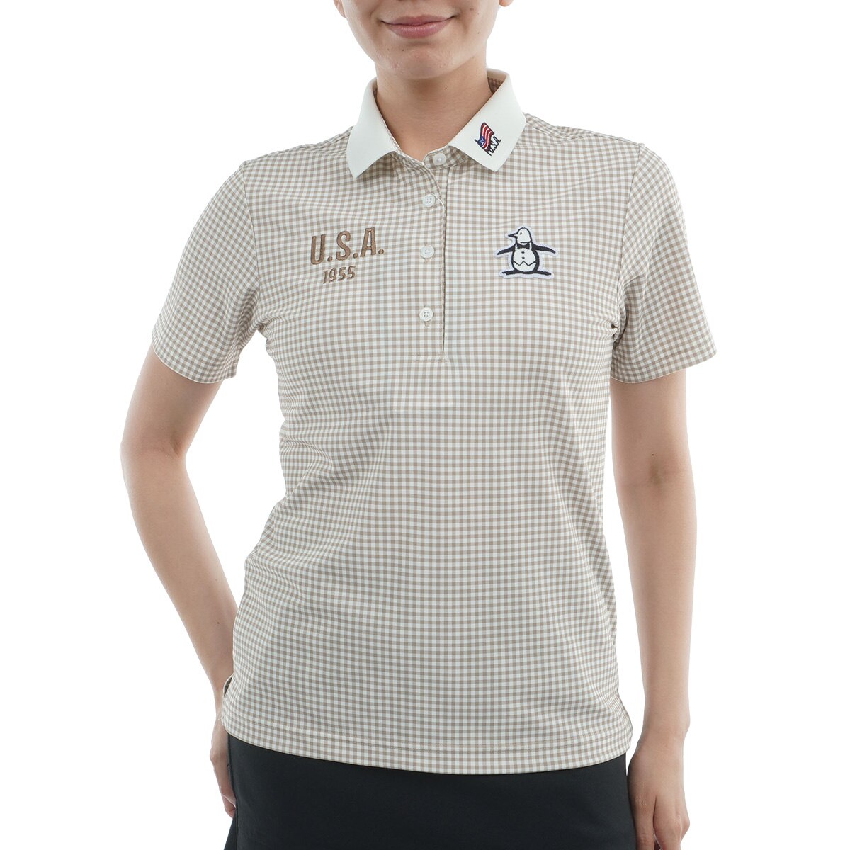 ストレッチ ギンガムチェックプリント半袖ポロシャツ レディス(半袖