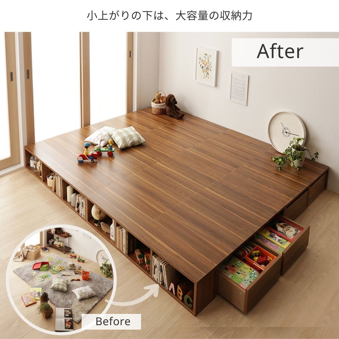 シェルフ棚・引出収納付きベッドとしても使えるフローリング調デザイン