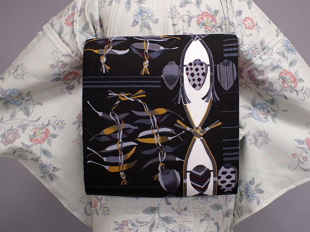 楽天市場】焼箔紬袋帯 六通柄 神の使い象柄うつし 黒地に金【袋帯