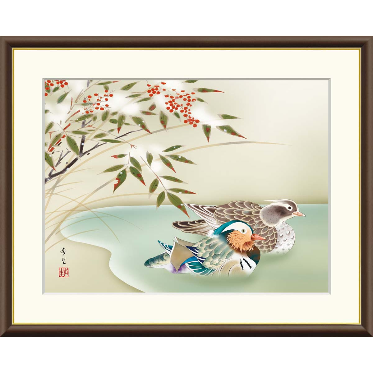 楽天市場】絵画 現代日本画 季節の名鳥 水仙に鴛鴦 浮田秋水 額入り