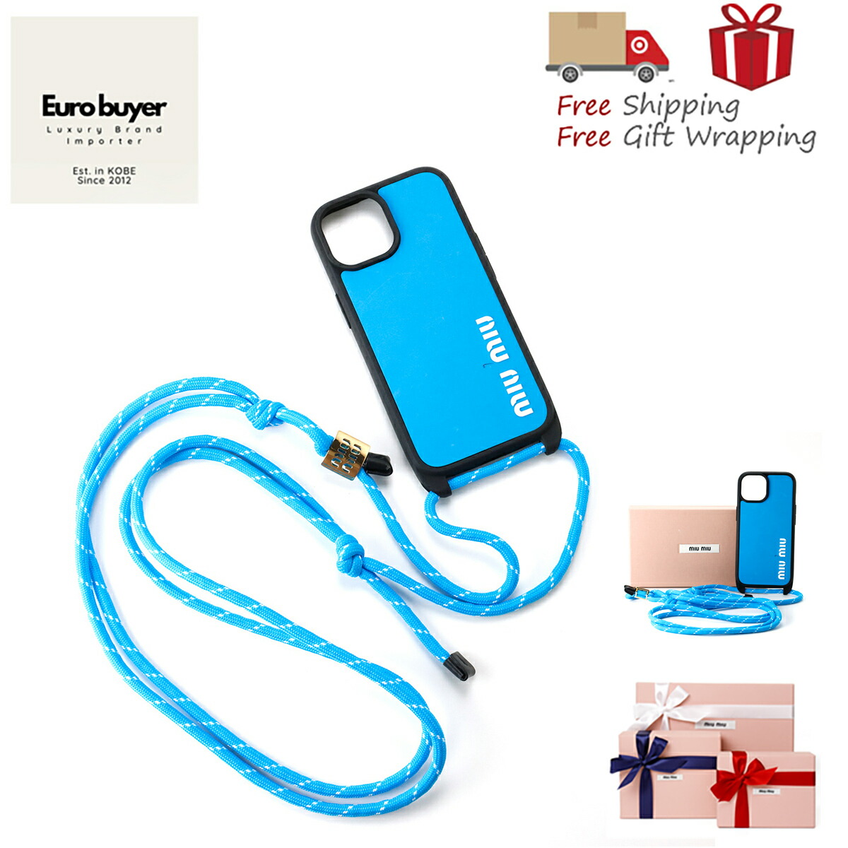 miu miu 青 ソフトケース ストラップ付き iPhone 15pro miu miu 青