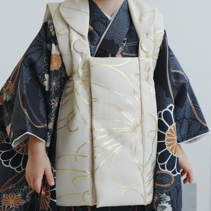 レンタル】七五三着物 3歳男の子 ベレー帽つき被布セット ベージュ金彩