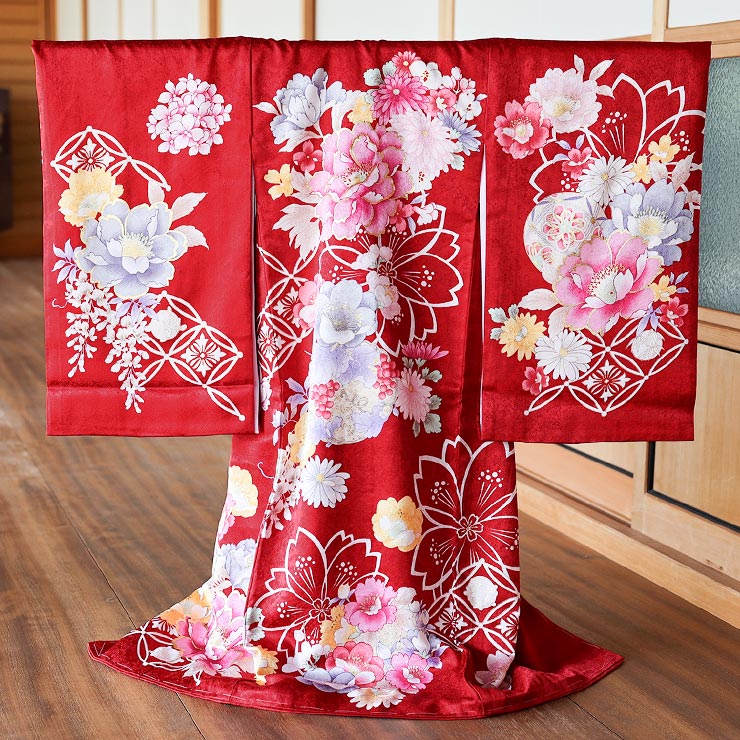 正絹] お宮参り 女の子 初着 産着 牡丹に花寄せ七宝 赤色 レッド 花柄
