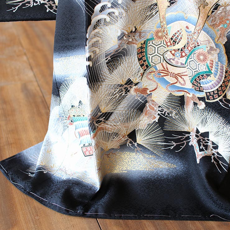 正絹 ] お宮参り 男の子 初着 産着 鷹に兜 波 黒 一つ身 のしめ お祝い