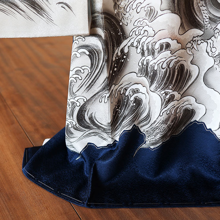 正絹] お宮参り 男の子 初着 産着 水墨・龍に渦と波 濃紺 のしめ