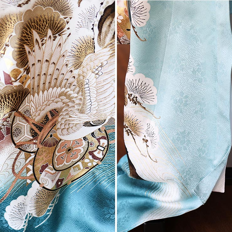 正絹 ] お宮参り 男の子 初着 産着 鷹に松と束ね熨斗 水色 青色 ブルー