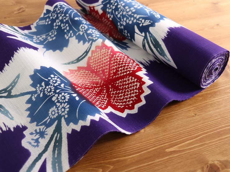 三勝」清水敬三郎好み・東京本染め/注染] 浴衣 反物 縞に撫子（紫×白