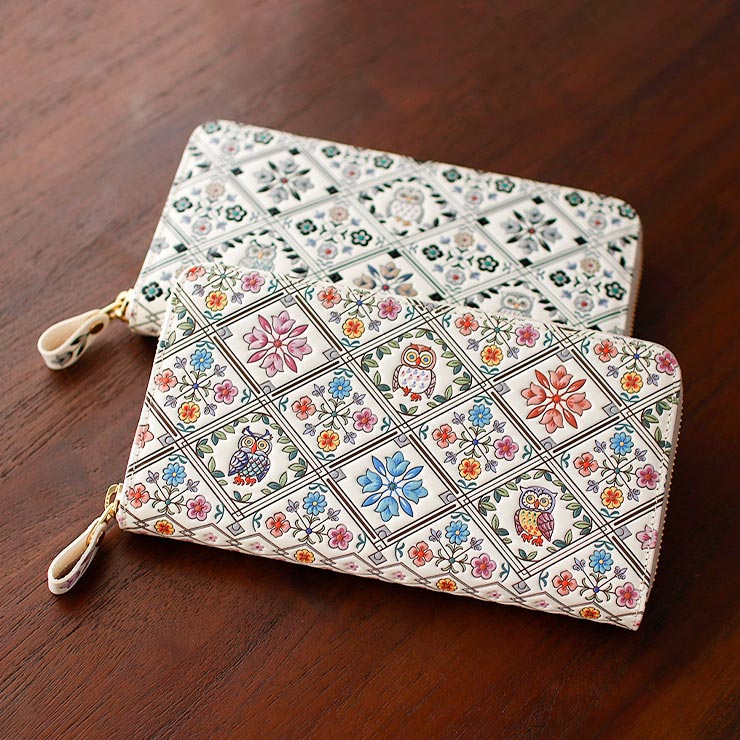 財布 牛革 浅草文庫 ラウンド長財布 ふくろう フクロウ 梟 鳥 着物