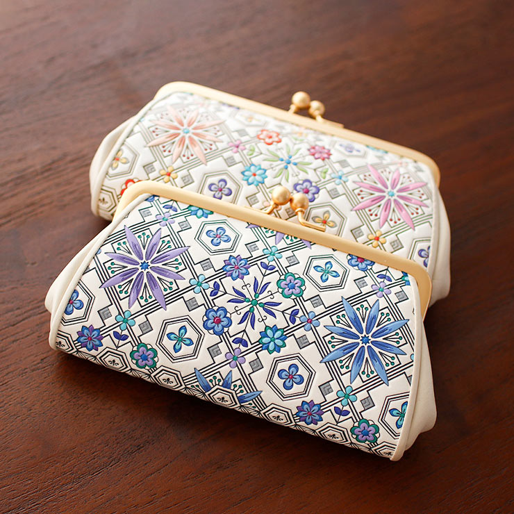 財布 牛革 浅草文庫 親子がま口 花菱 ピンク ブルー 着物 和装 友禅染