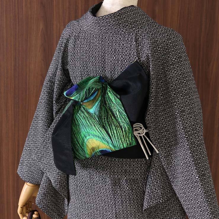 撫松庵 細帯 半巾帯 孔雀の羽根 (黒/103-102-013-88) リバーシブル