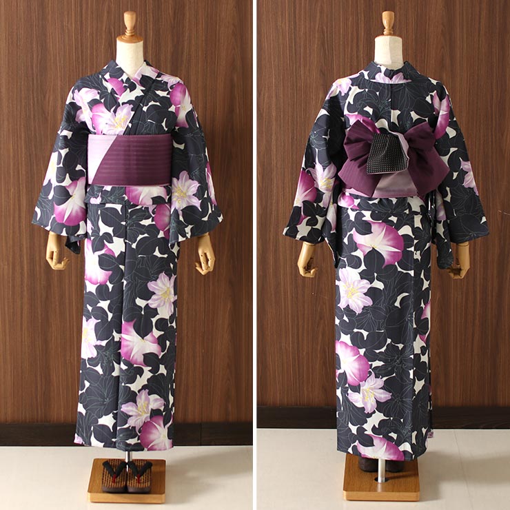 撫松庵 洗える 浴衣 百合 朝顔（濃グレー 105-337-005-86）仕立て