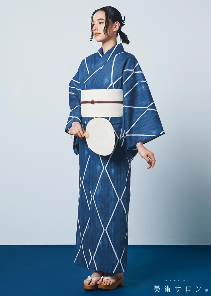 美術サロン 浴衣 ゆかた 綿 麻 綿麻混 知多木綿 菱ライン 仕立て上がり