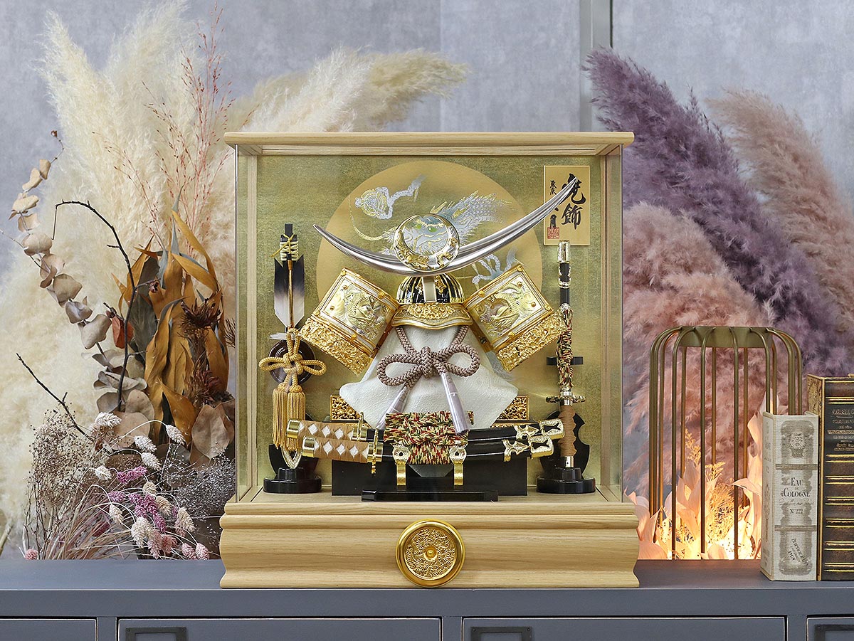 久月 五月人形 兜ケース飾り 10号 兜 タモ 木目 アクリルケース 取付