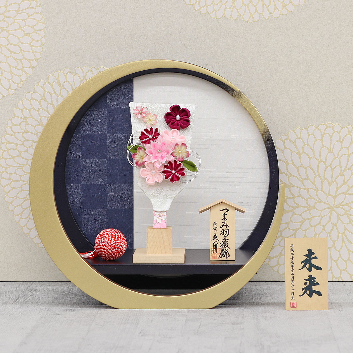 久月 羽子板 お祝い 初正月 6号 つまみ細工 羽子板 うす桃 円形丸型