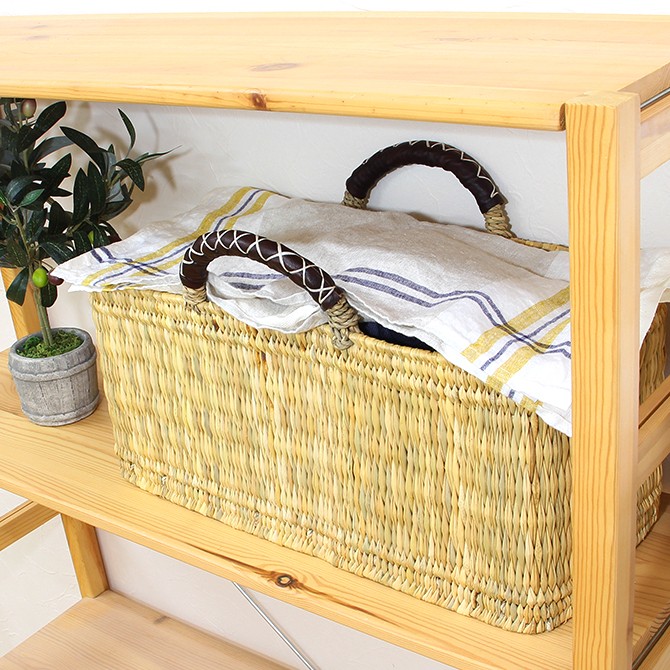 松野屋 かご ストロー 革手横長 カゴ Lサイズ/モロッコ バスケット