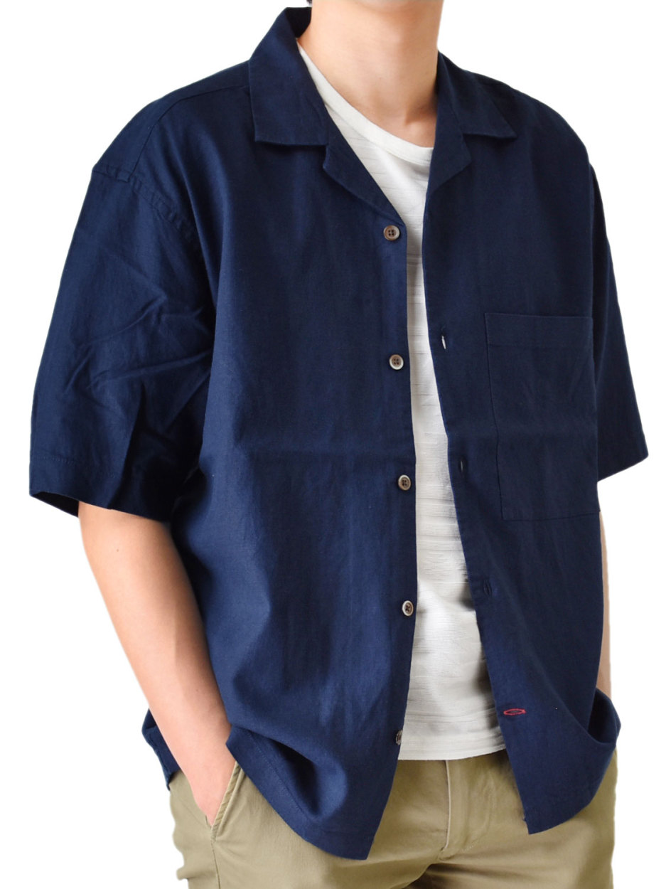シャツ メンズ フレンチリネン麻混 オープンカラー 開襟 リネン