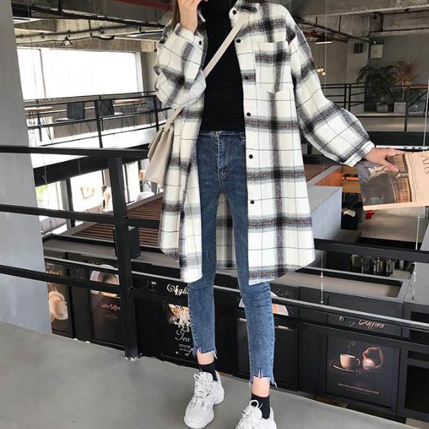 チェック シャツ ロングシャツ ボーイフレンド風 カジュアル ブロック