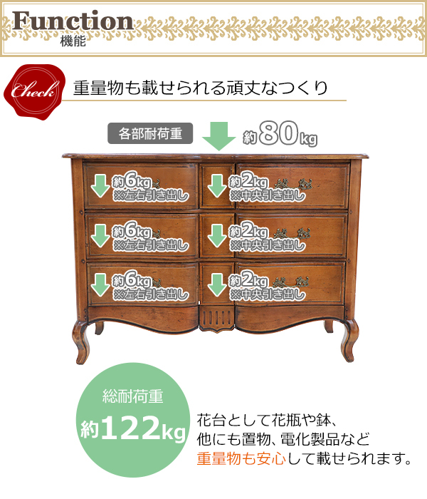 アンティーク調 3段 チェスト ブラウン 約W119.5×約D52×約H85.5(cm