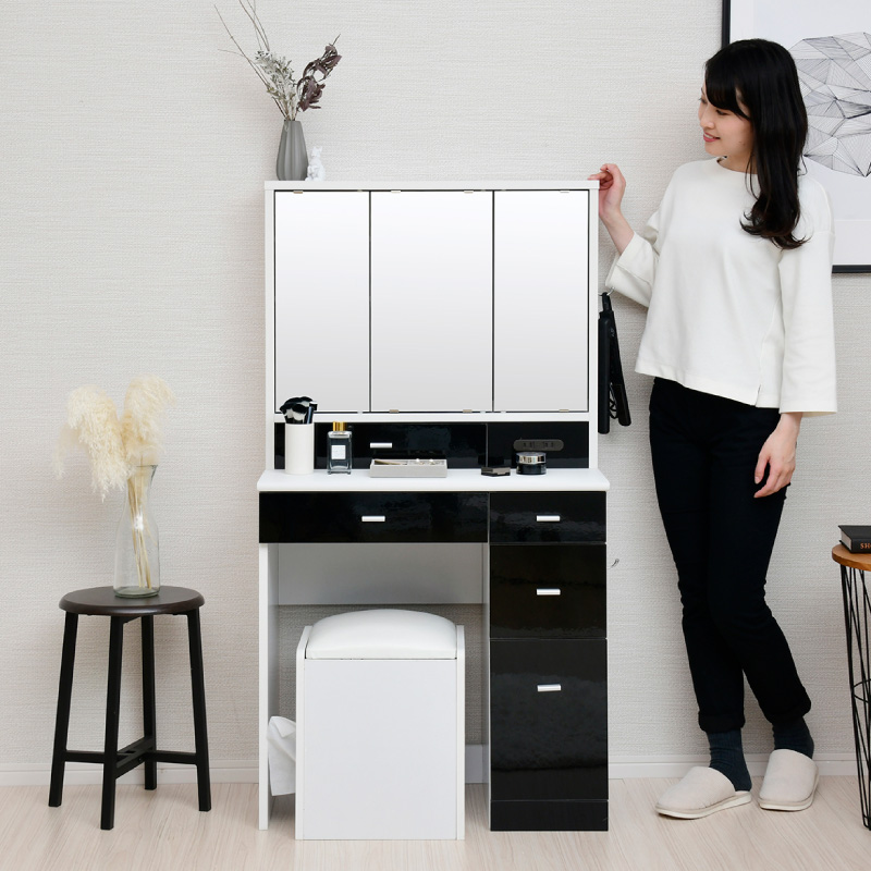 ドレッサー 三面鏡 コンパクト デスク スツール付き コンセント付き