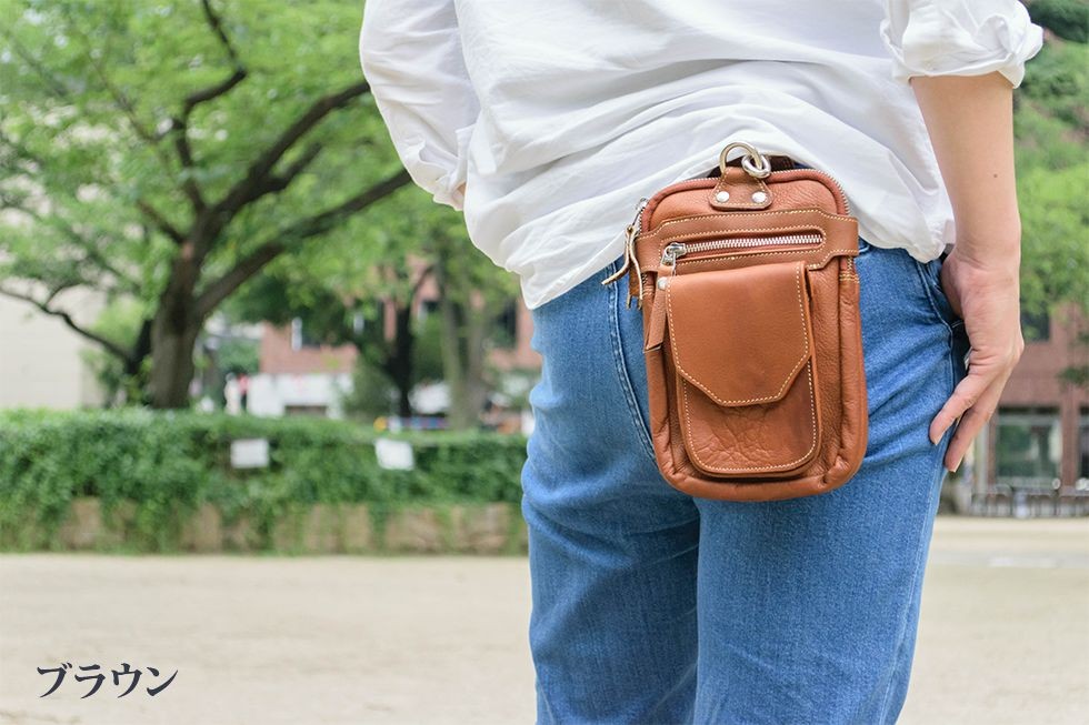 ヒップバッグ 本革ウエストバッグベルトポーチ シュリンクレザー