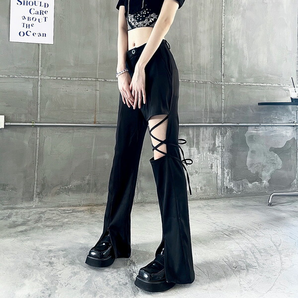 フレアパンツ ワンサイドオープン フロントスリット ハイウエスト