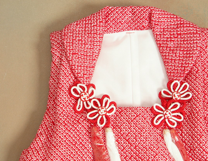 京美 七五三 被布 絹100％ 正絹 着物 3歳 赤色 まり 総鹿の子四ツ巻本