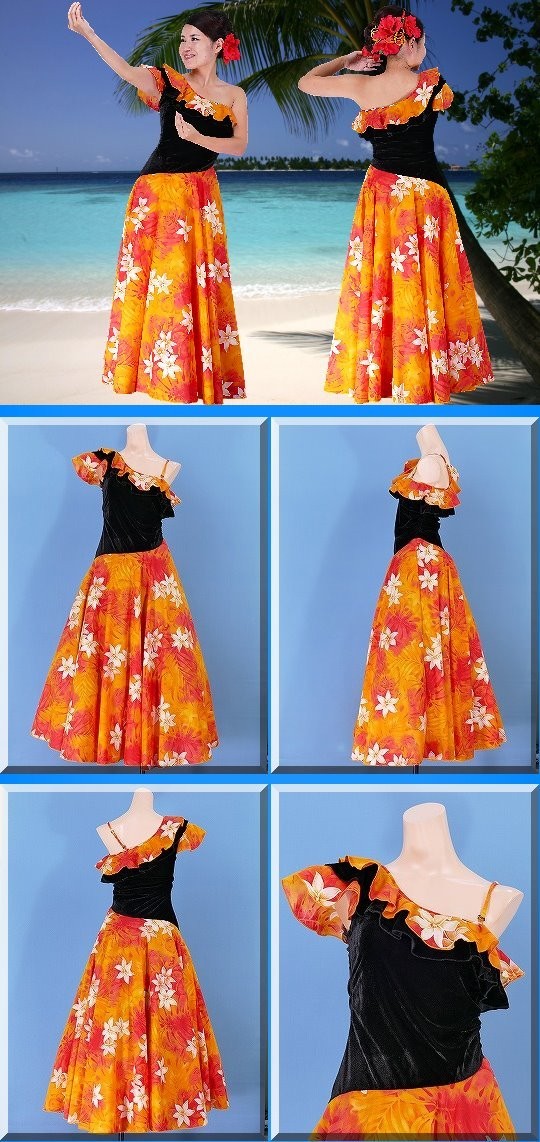 フラダンス ワンショルダー ベルベット斜め切り替え ドレス オレンジ F