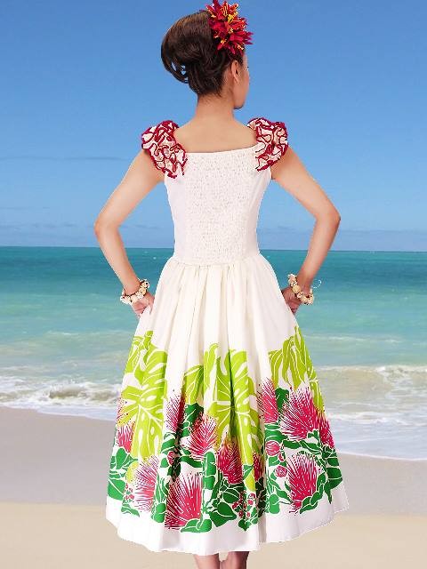 フラダンス ムームー フリル ミディ丈ドレス ホワイト Fサイズ 2197wF