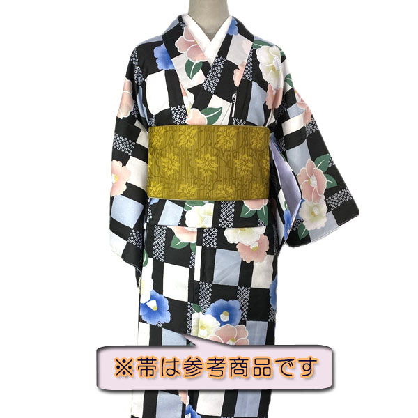 ワンタッチ着物 Sサイズ kjwk20-8s 白黒 市松 青ピンク椿 巻くだけ簡単