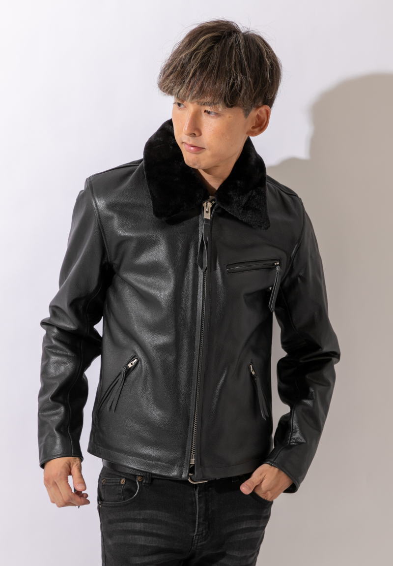 フリーダムレザー 革ジャン メンズ 本革 襟ボア付 シングルライダース