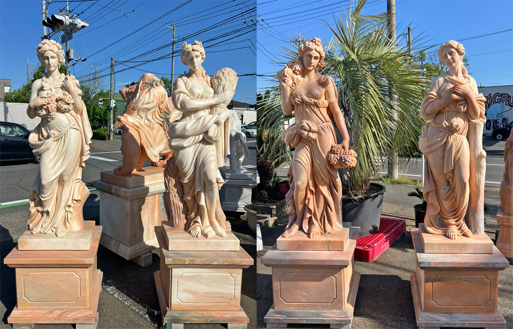 天然大理石彫刻 果物を持つヴィーナス(夏) ピンク 乙女 H210cm 女神