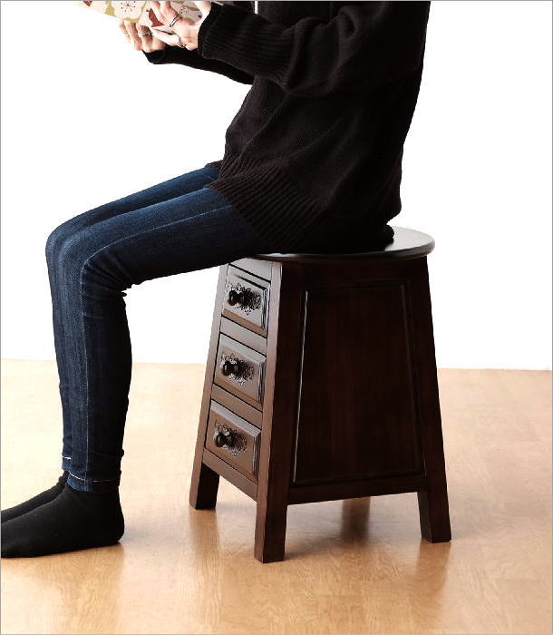 スツール アンティーク調 木製 収納 丸 椅子 花台 玄関 腰掛け