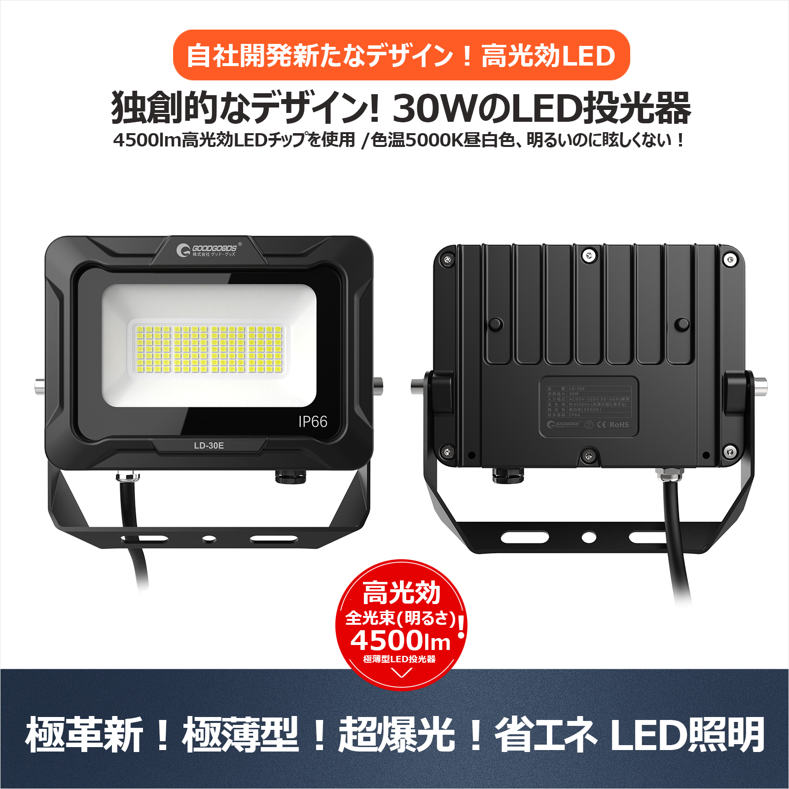 GOODGOODS（グッド・グッズ） 30W LED投光器 高輝度 広角120° 300W相当