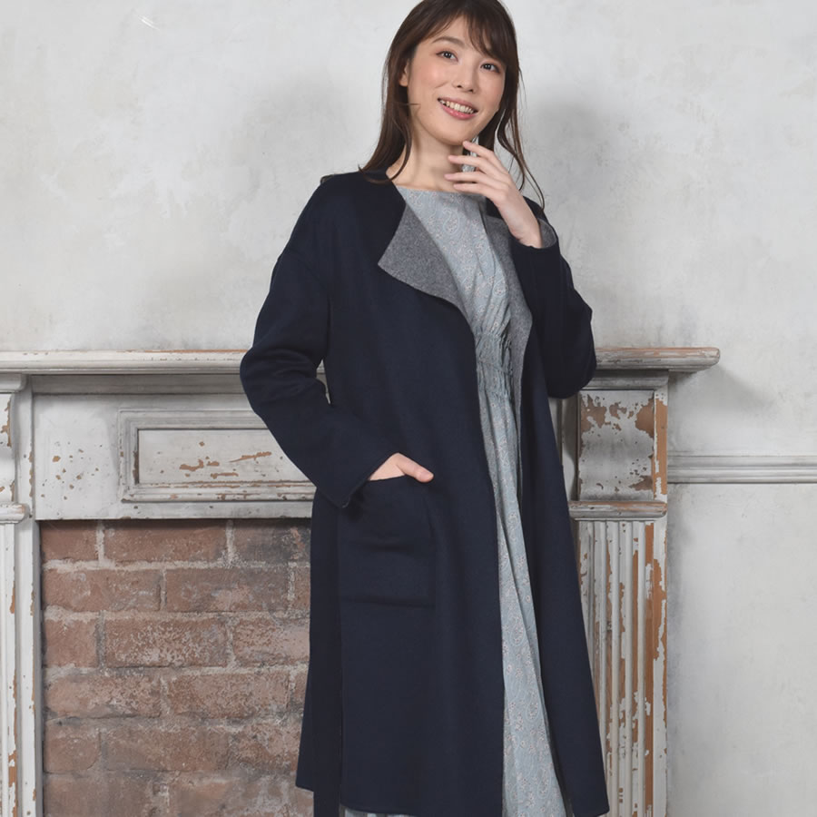 ノーカラーコートウール混 ダブル フェイス ラップ リバーシブル