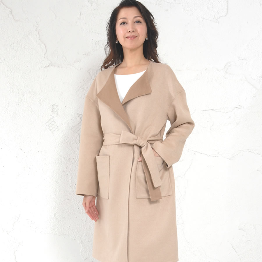 ノーカラーコートウール混 ダブル フェイス ラップ リバーシブル