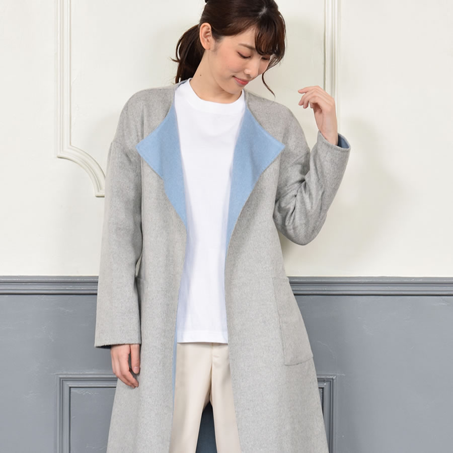 ノーカラーコートウール混 ダブル フェイス ラップ リバーシブル