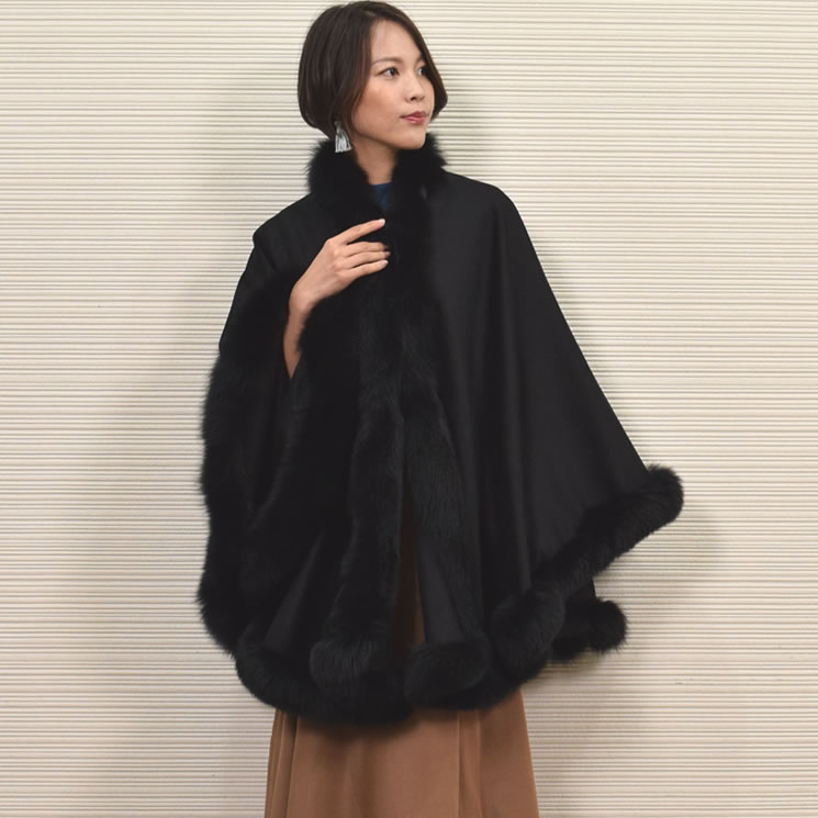 ポンチョ ケープ 日本製 カシミヤ 100％SAGA フォックス トリム